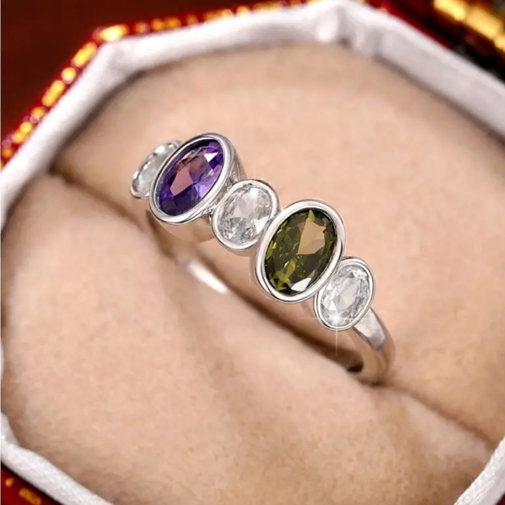 Amethyst Peridot Oval Ring Silver Plated Vintage Style Statement Ring